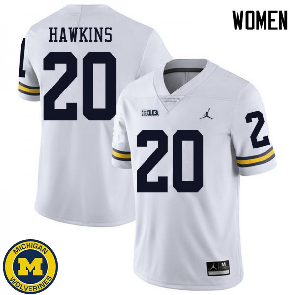 Women's University of Michigan #20 Brad Hawkins White Jordan Brand Fashion Jersey